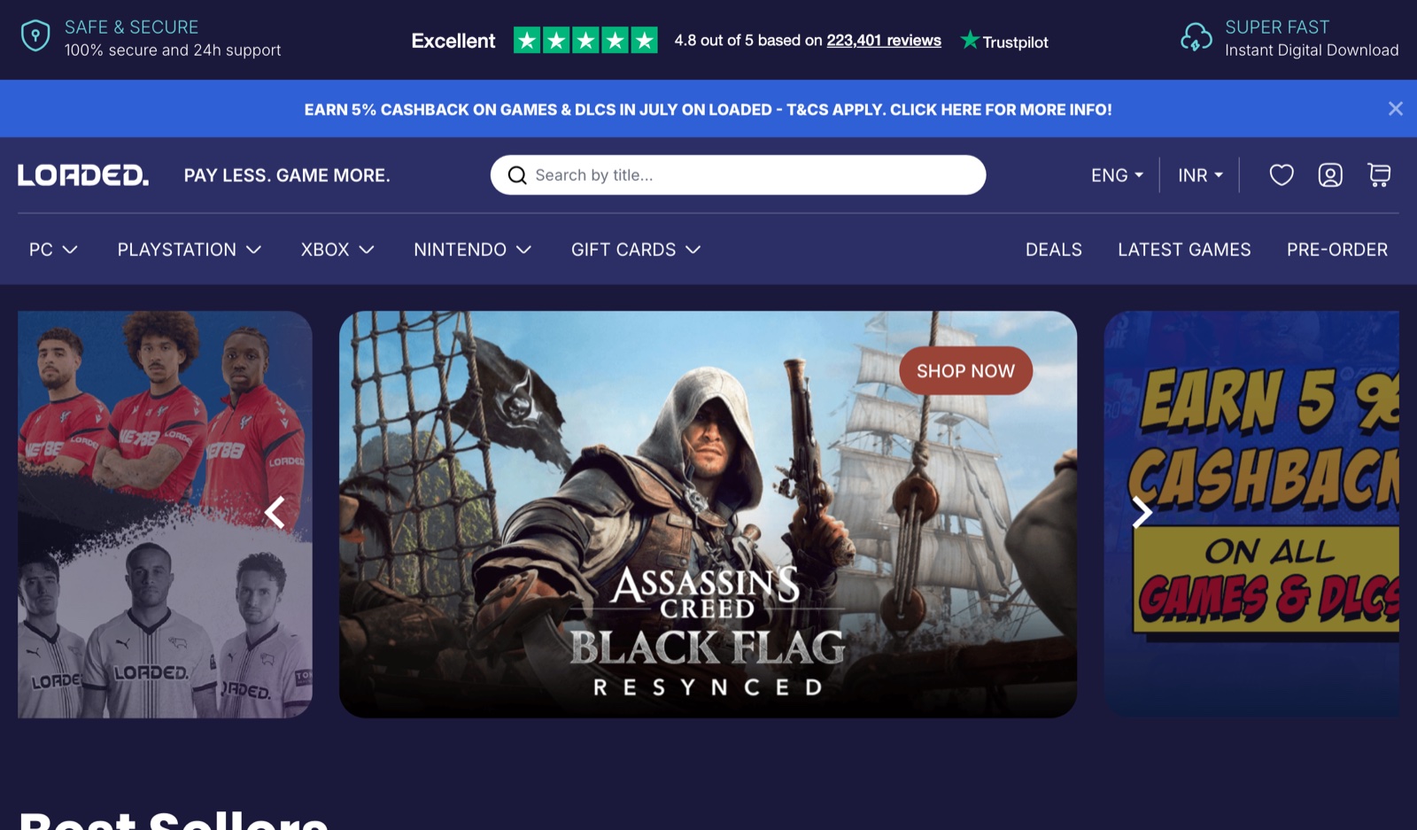 Loaded homepage formerly CDKeys showing Trustpilot 4.8 and INR display
