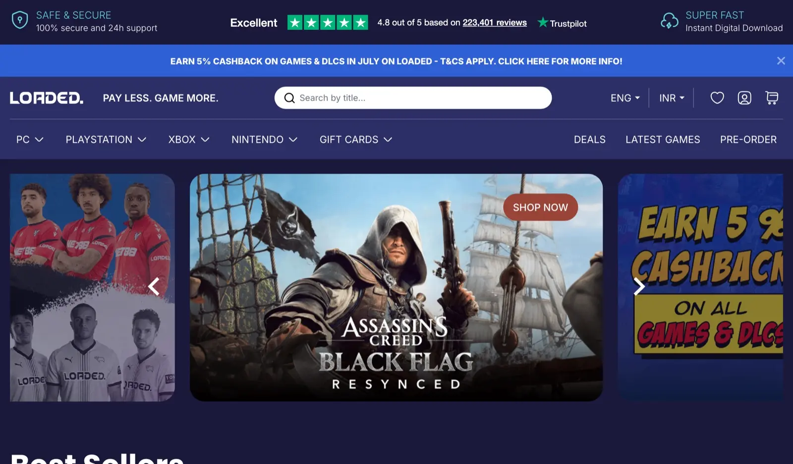 CDKeys is Now Loaded: India Review (2026), and the GBP Billing Catch 13 Loaded homepage formerly CDKeys showing Trustpilot 4.8 and INR display