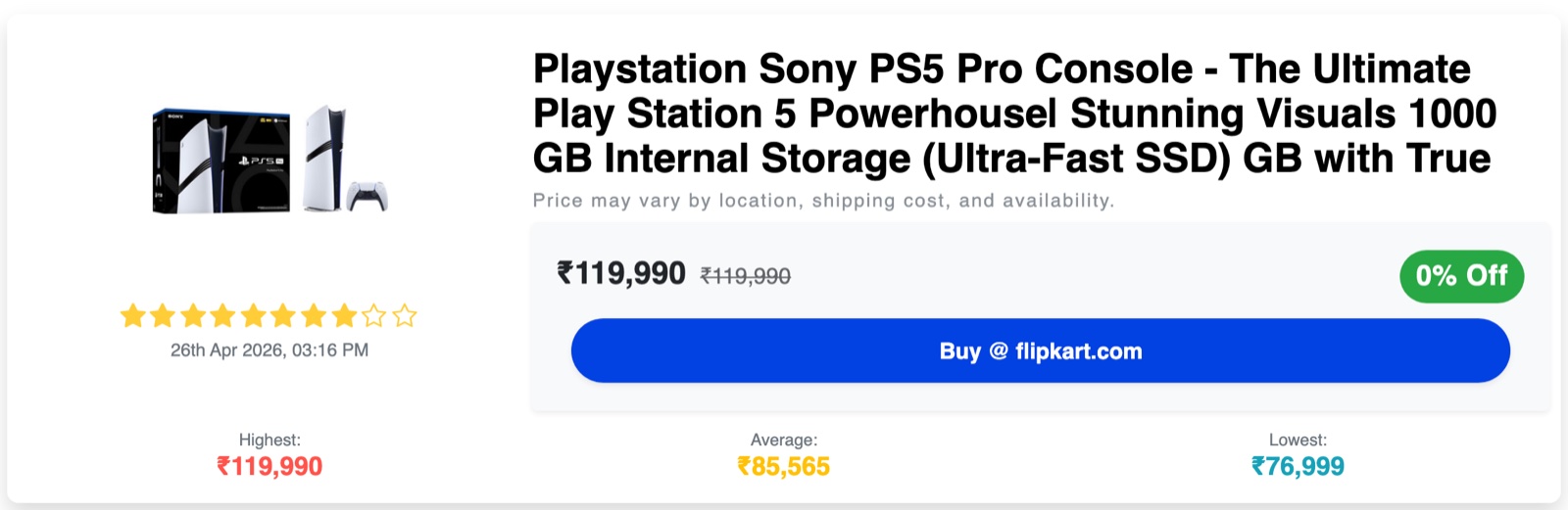 PS5 Pro in India (2026): Import It Now, Wait for Launch, or Just Buy the Slim? 18 Flipkart PS5 Pro import listing price history from 76,999 to 1,19,990, a typo ridden 1TB titled grey listing