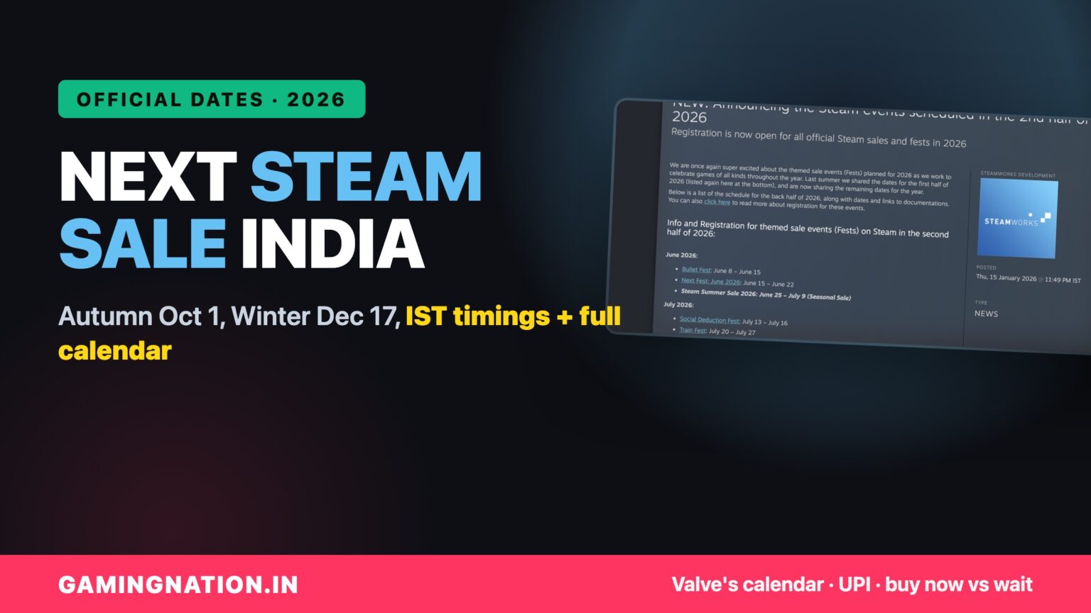 Next Steam Sale in India (2026): Official Dates, IST Timings and the Full Calendar 15 Next Steam sale India 2026 cover with official Valve dates and IST timings