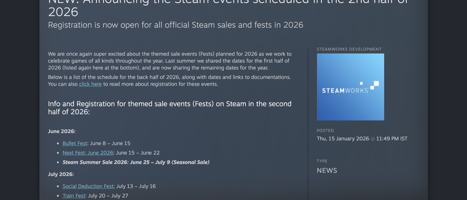 Next Steam Sale in India (2026): Official Dates, IST Timings and the Full Calendar 16 Valve official Steamworks announcement listing all 2026 Steam sale and fest dates