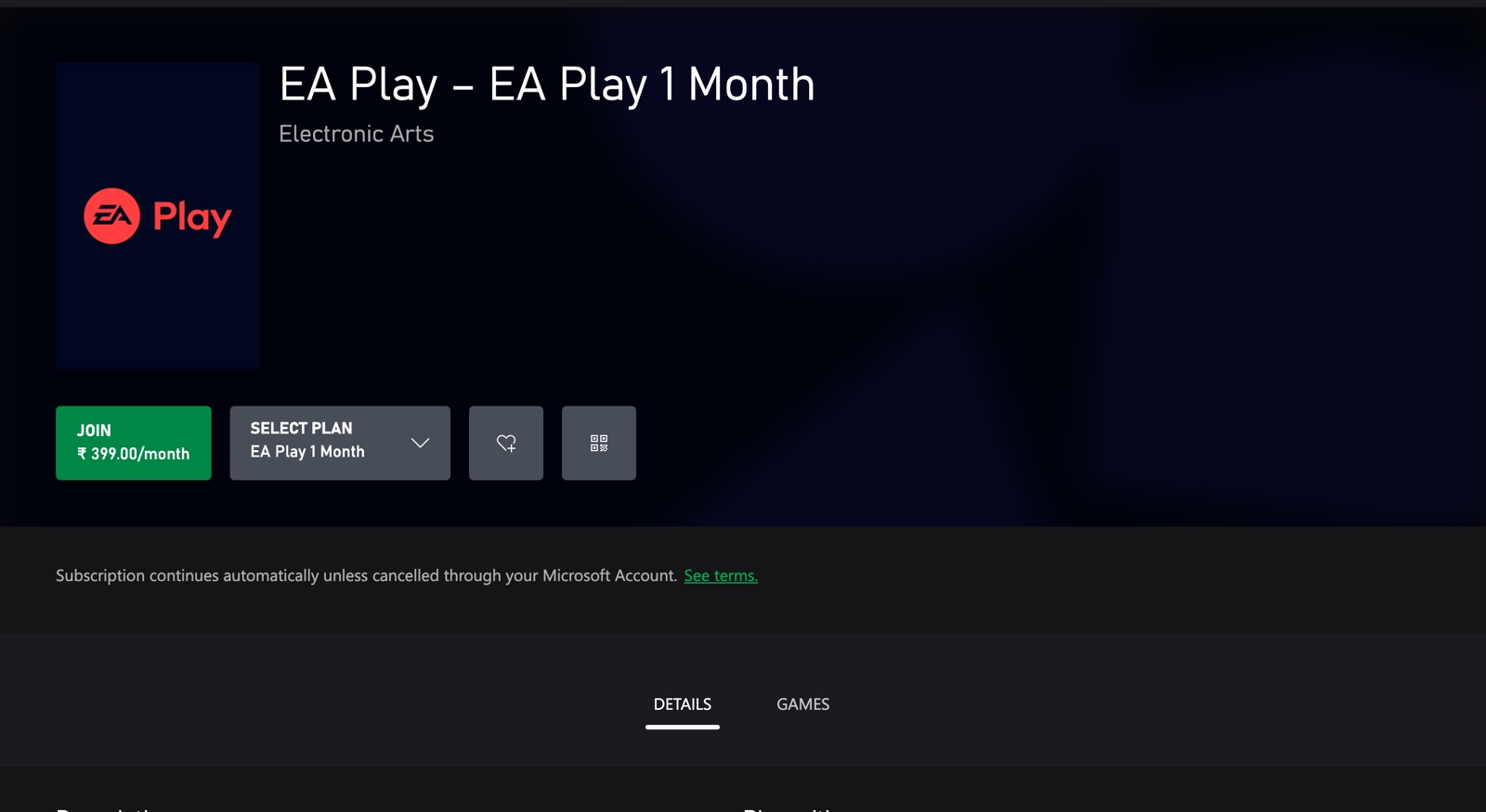 EA Play store page showing 399 rupees per month for India