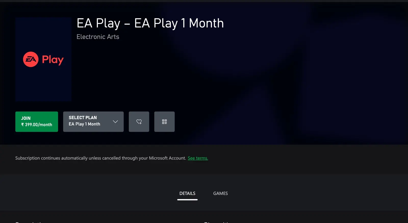 EA Play store page showing 399 rupees per month for India