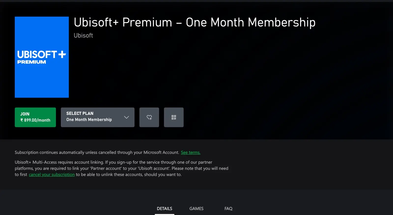 Ubisoft Plus Premium Xbox India store page showing 899 rupees per month