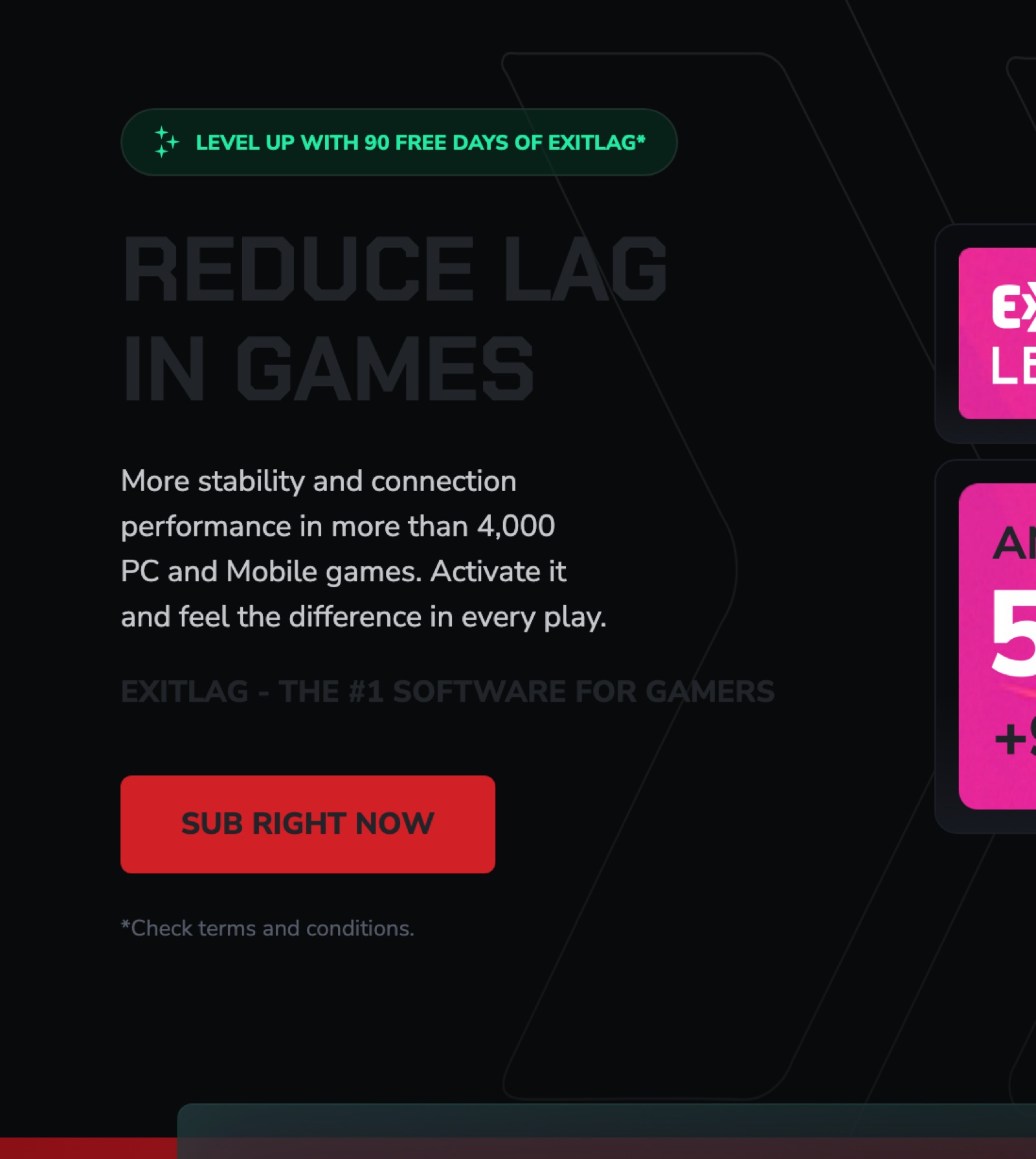 Best Gaming VPN in India (2026): 6 Picks That Actually Cut Ping 19 ExitLag homepage showing reduce lag in games for 4,000+ PC and mobile titles
