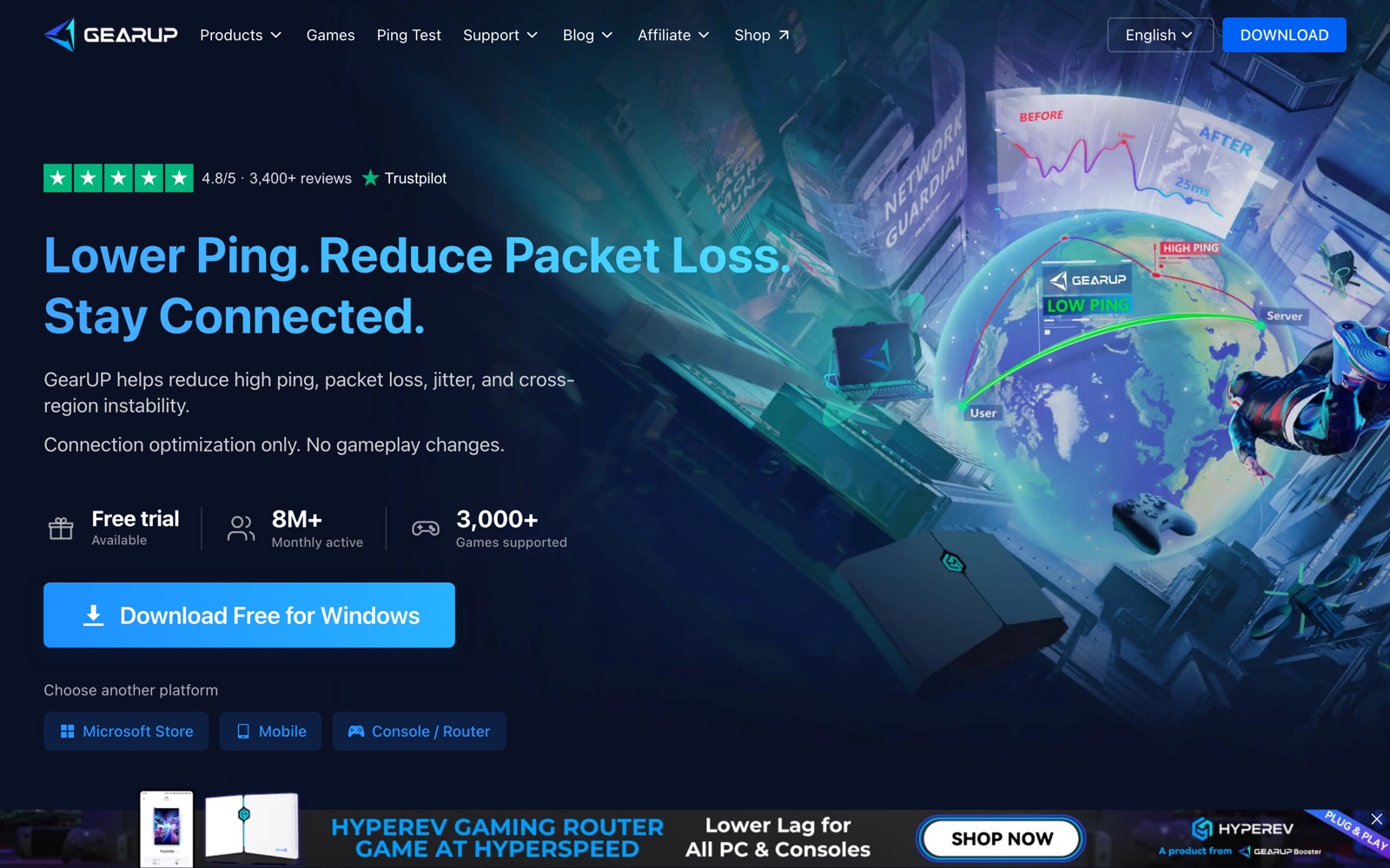 Best Gaming VPN in India (2026): 6 Picks That Actually Cut Ping 20 GearUP Booster homepage showing game boosting for PC, mobile and console