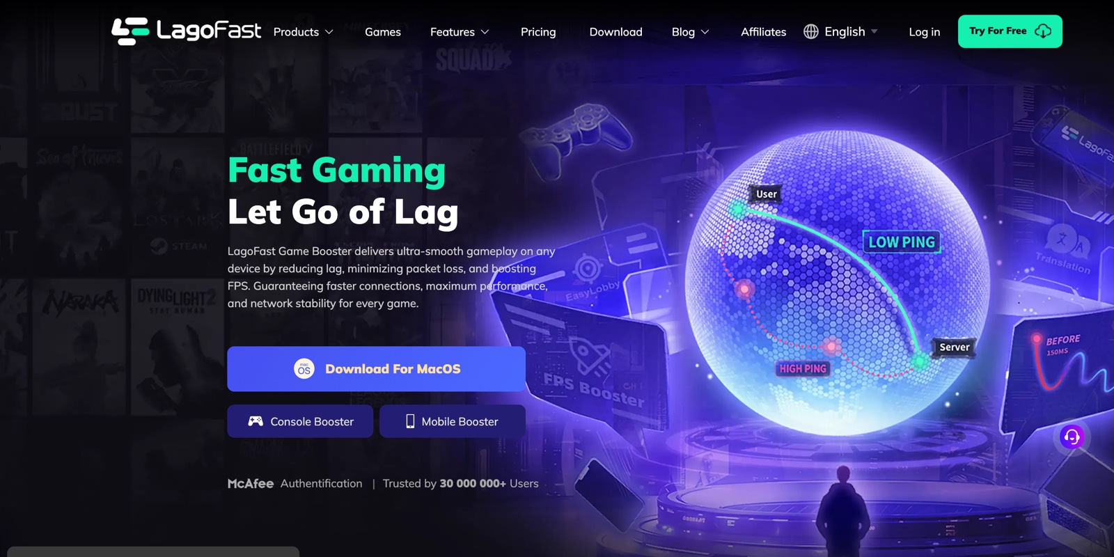 Best Gaming VPN in India (2026): 6 Picks That Actually Cut Ping 21 LagoFast game booster homepage with ping reduction features