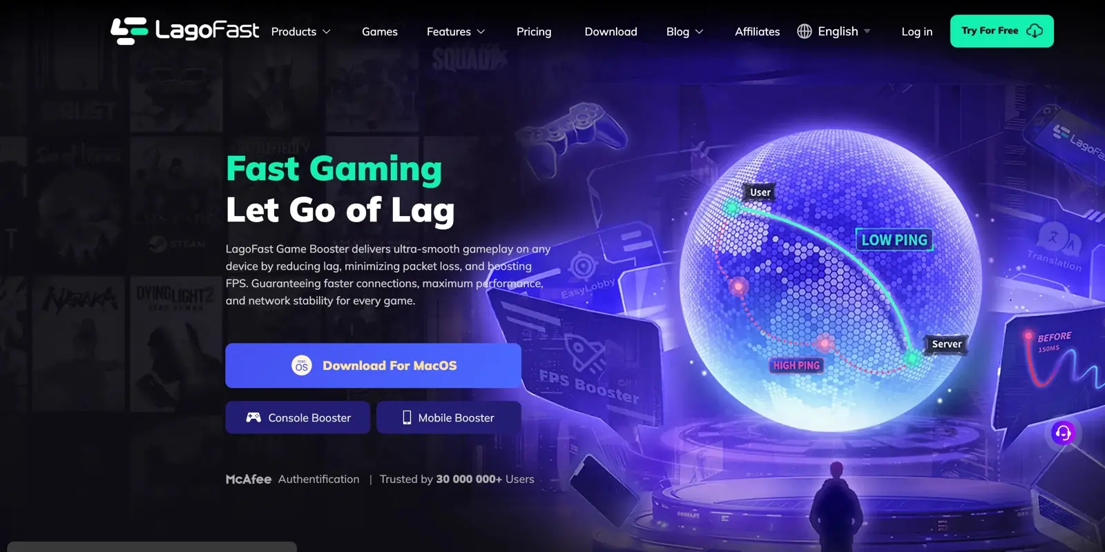 Best Gaming VPN in India (2026): 6 Picks That Actually Cut Ping 21 LagoFast game booster homepage with ping reduction features