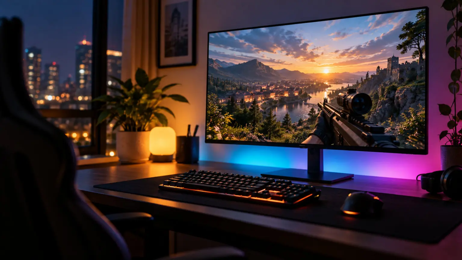 Gaming monitor on a desk with RGB bias lighting, mechanical keyboard and mouse