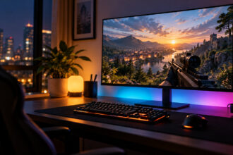 Gaming monitor on a desk with RGB bias lighting, mechanical keyboard and mouse