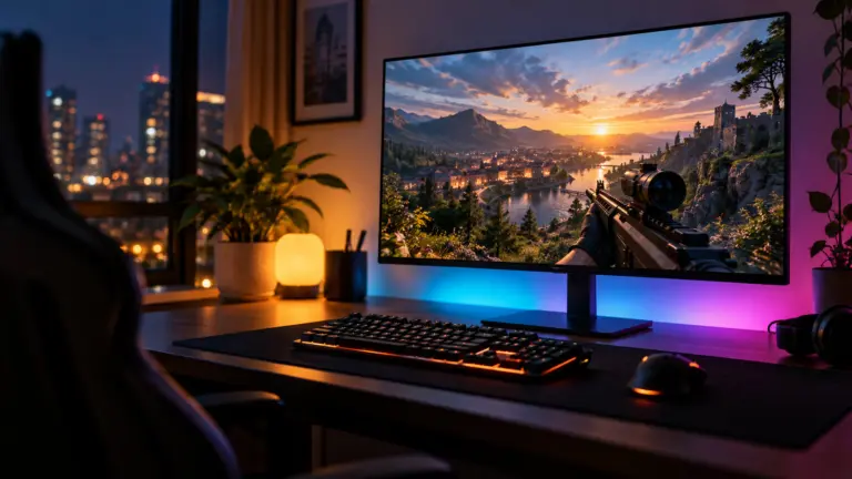 Gaming monitor on a desk with RGB bias lighting, mechanical keyboard and mouse
