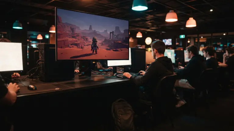 Long row of gaming PCs in a modern Australian esports cafe, the nearest monitor showing a desert canyon scene