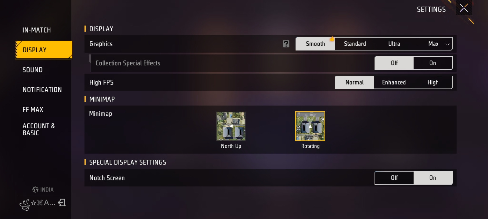 Free Fire MAX display settings with graphics on Smooth and High FPS on Normal