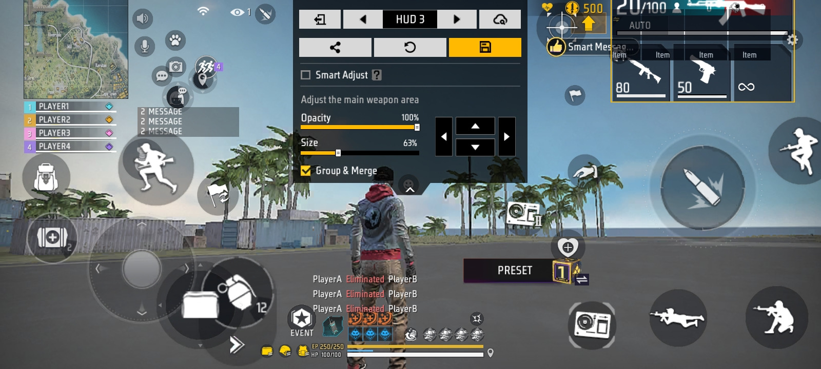 Adarsh's custom HUD 3 layout in Free Fire MAX with the main weapon area at 63 percent size