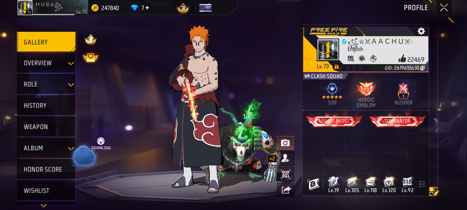 Adarsh's Free Fire MAX profile screen showing UID 2619610630 and level 73