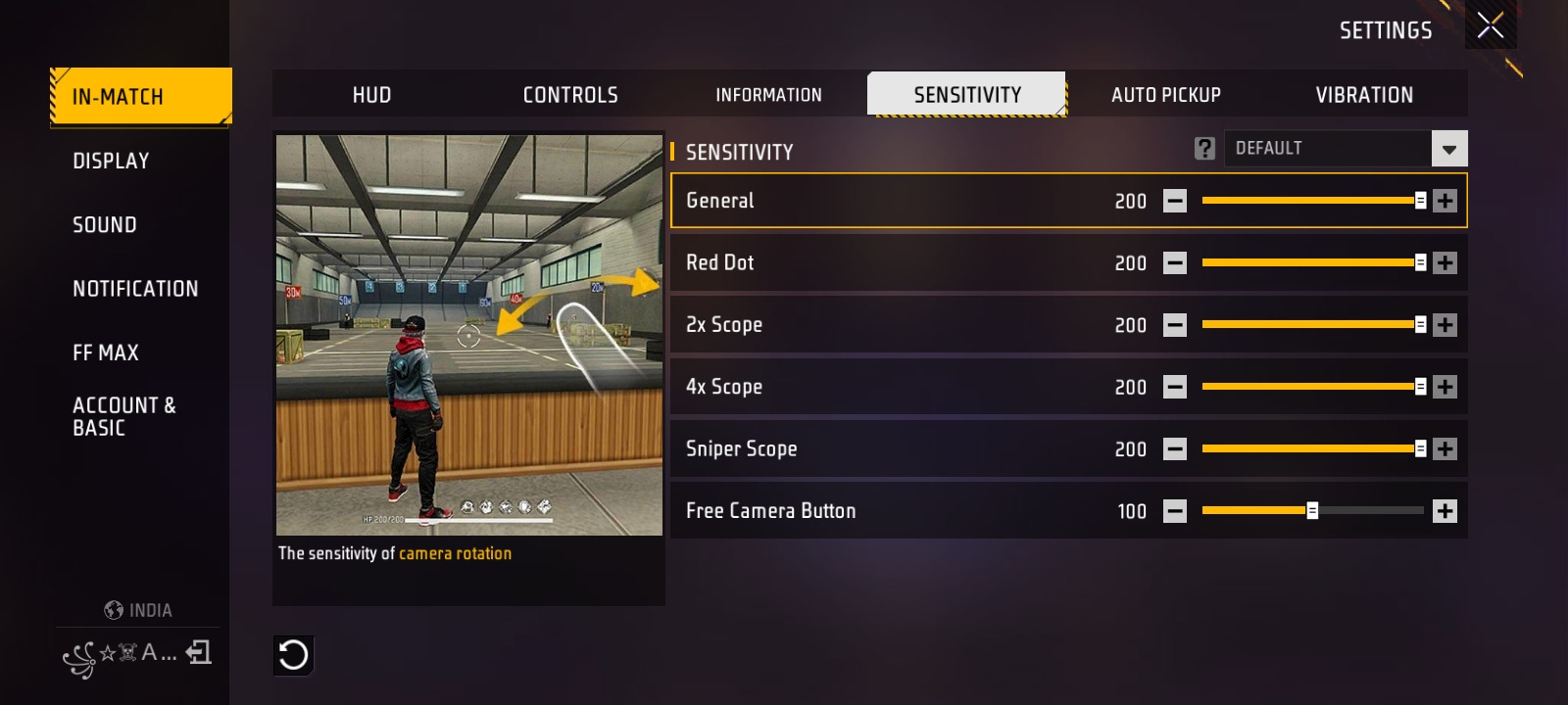Free Fire MAX sensitivity settings with General, Red Dot, 2x, 4x and Sniper Scope at 200 and free camera at 100