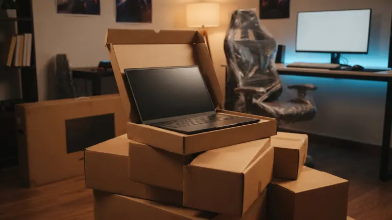 Stack of plain delivery boxes with a gaming laptop, a wrapped gaming chair and a boxed monitor in a room
