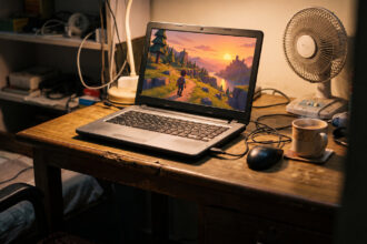 Old budget laptop showing a simple cartoon adventure game on a small bedroom desk in the evening