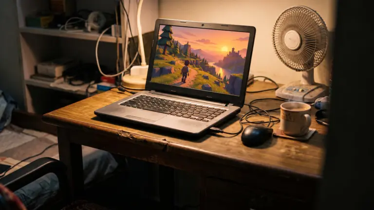 Old budget laptop showing a simple cartoon adventure game on a small bedroom desk in the evening