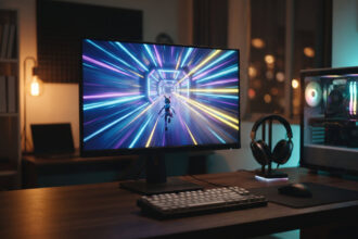 24 inch gaming monitor showing a fast neon corridor on an esports desk with a PC tower glowing beside it