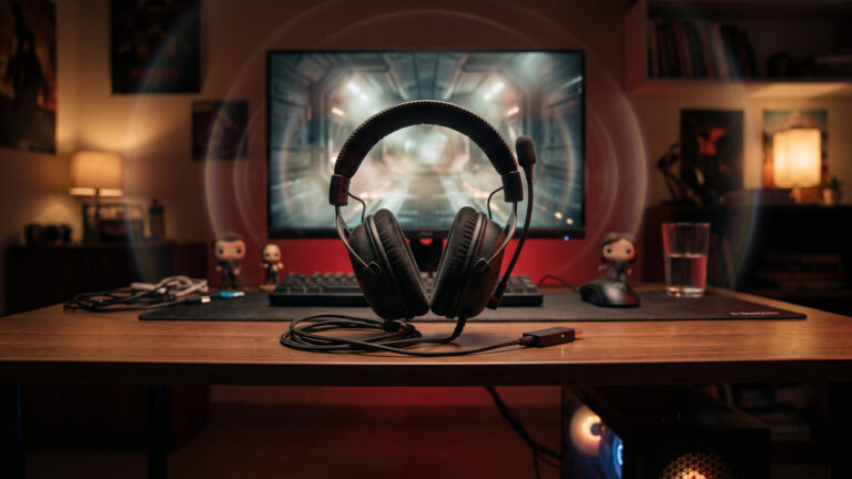 Closed back gaming headset with a USB sound card dongle on a dark PC desk with a monitor behind