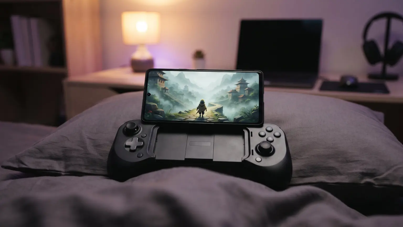 Smartphone docked in a clip on controller with thumbsticks resting on a pillow in a bedroom