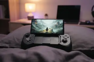 Smartphone docked in a clip on controller with thumbsticks resting on a pillow in a bedroom