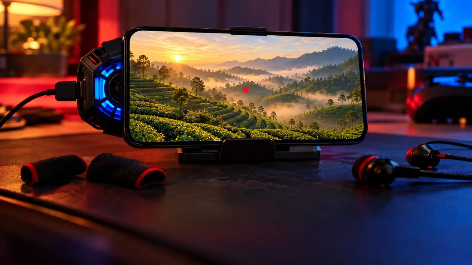 Phone in landscape on a stand showing a red dot sight over green hills, finger sleeves and earbuds on the desk
