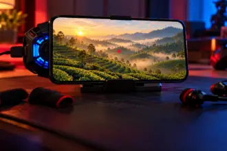 Phone in landscape on a stand showing a red dot sight over green hills, finger sleeves and earbuds on the desk