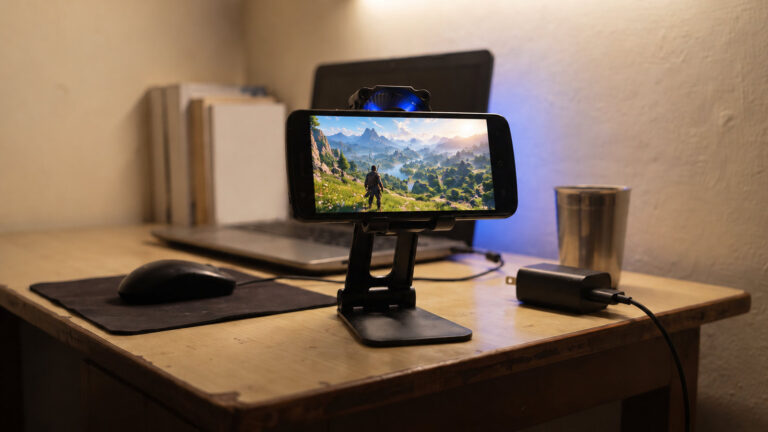 Budget Android phone on a stand with a small cooling fan clipped to its back on a plain study table