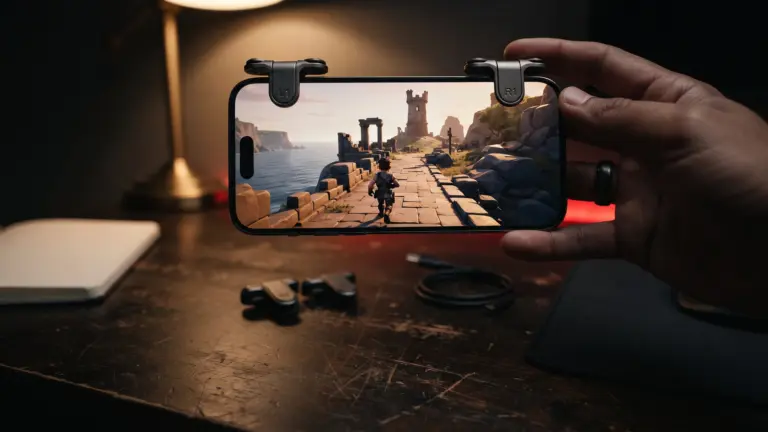 Smartphone with two metal shoulder triggers clipped to its top edge on a wooden desk, spare triggers beside it