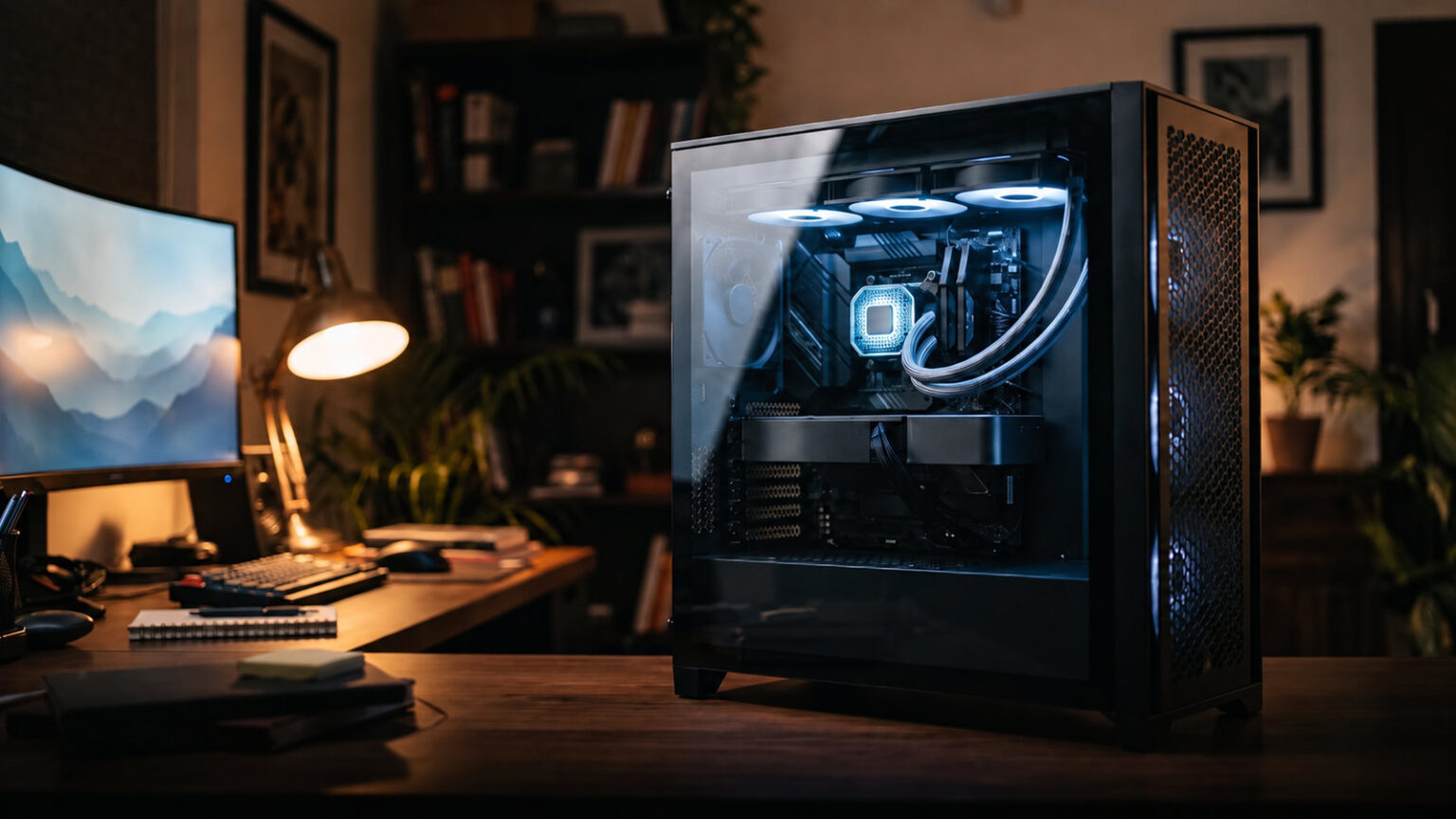 PC cabinet with glass side showing a top mounted 360mm liquid cooler radiator and tubes