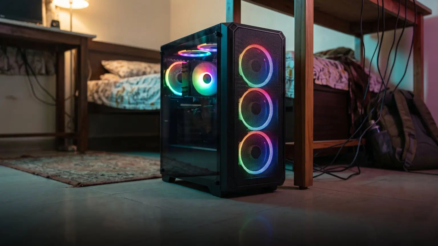 Mesh front PC cabinet with three glowing ARGB fans and more fans visible through glass