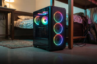 Mesh front PC cabinet with three glowing ARGB fans and more fans visible through glass