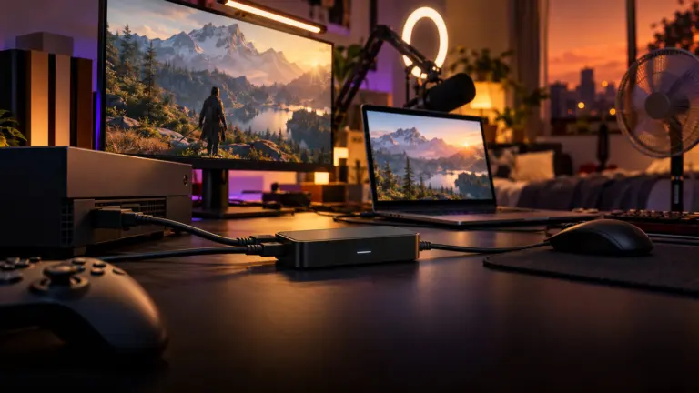 Black external capture box wired to a black console and a laptop showing a game preview, mic arm and ring light behind