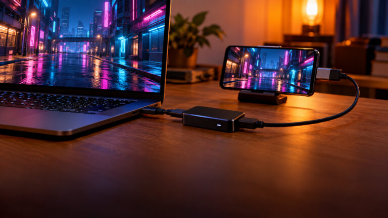 Small HDMI to USB capture dongle plugged into a laptop, wired to a phone in landscape on a stand