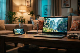 Thin laptop streaming a colourful open world game with a glowing Wi Fi router and a phone beside it