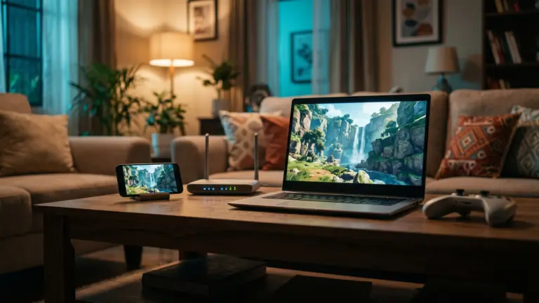 Thin laptop streaming a colourful open world game with a glowing Wi Fi router and a phone beside it