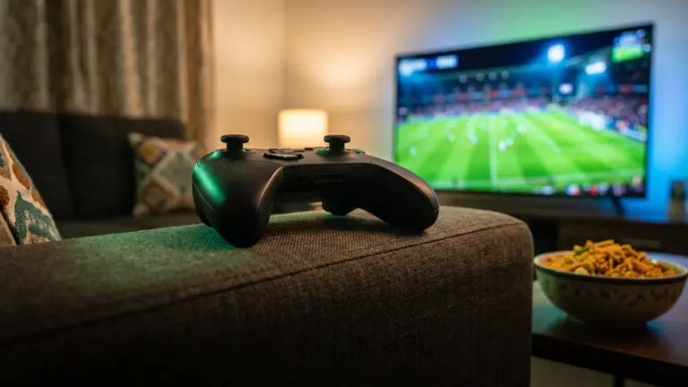 Black wireless game controller on a sofa armrest with a football match on a TV behind
