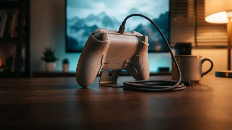Premium grey gamepad on a stand showing its rear back buttons on a walnut desk at night