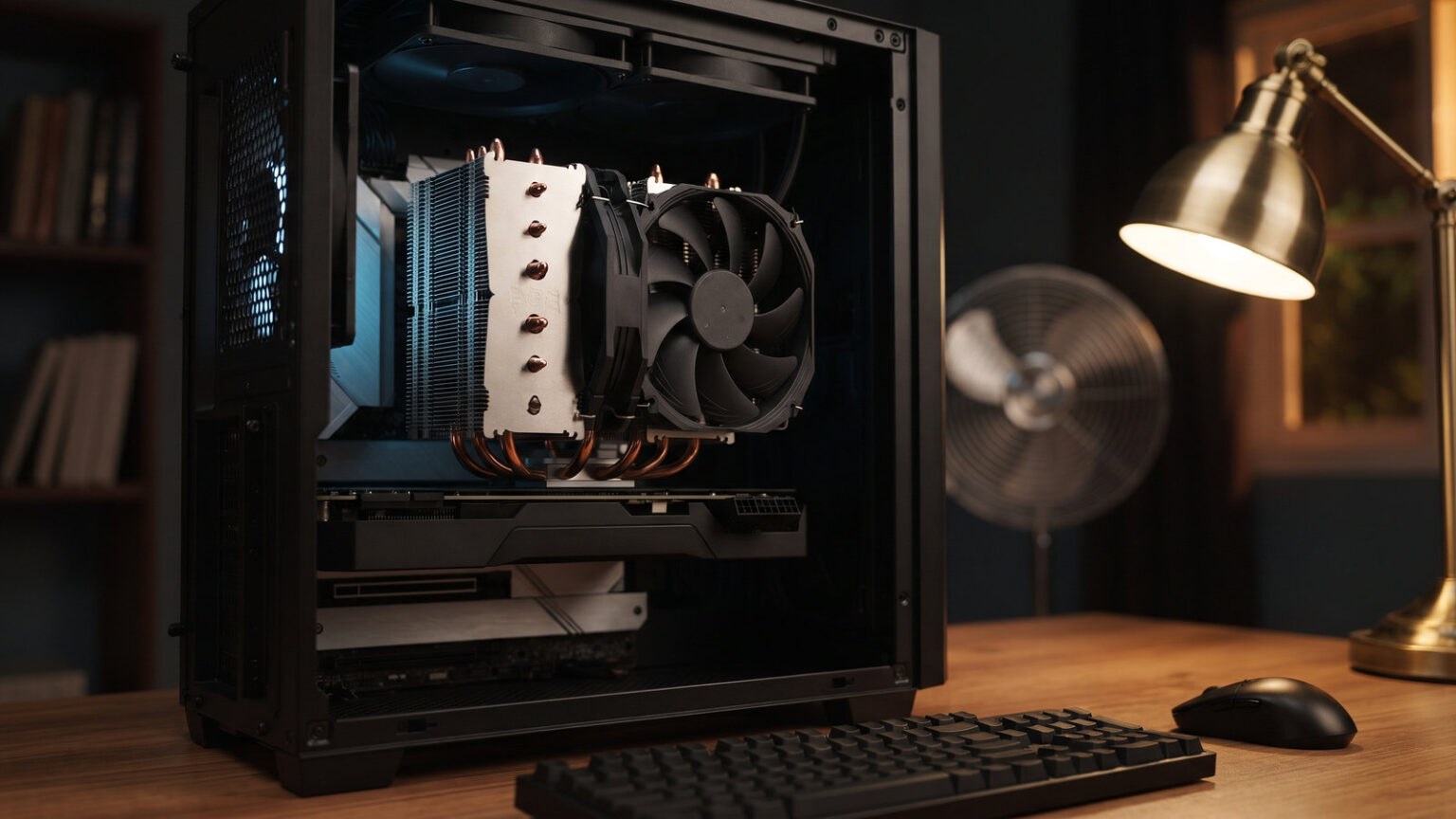 Large dual tower air CPU cooler with copper heat pipes inside an open PC, a liquid cooler radiator above