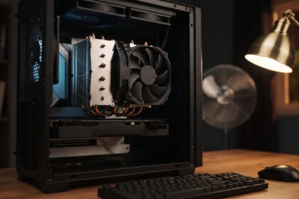 Large dual tower air CPU cooler with copper heat pipes inside an open PC, a liquid cooler radiator above