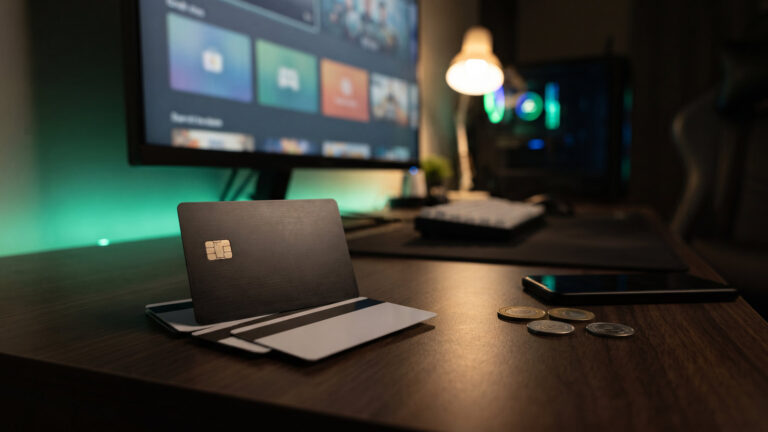 Blank credit card leaning on gift cards in front of a monitor showing a store page of plain colour tiles