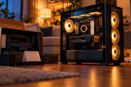 Custom gaming PC tower with a glass panel next to an opened shipping crate with foam inserts