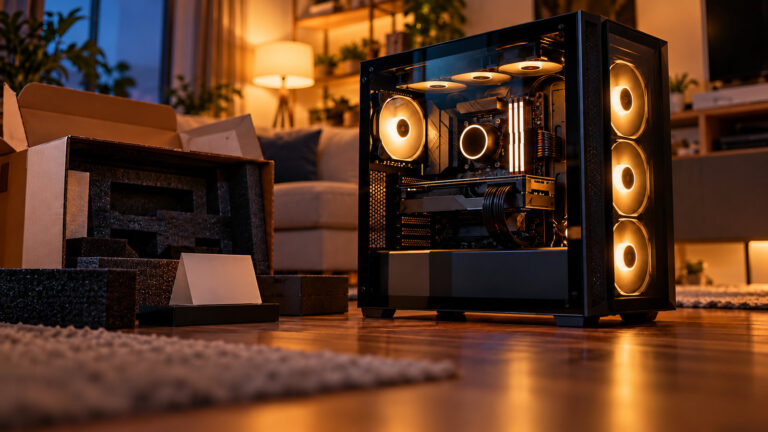 Custom gaming PC tower with a glass panel next to an opened shipping crate with foam inserts