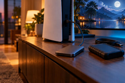 Small portable SSD connected by cable to a white game console on a wooden TV unit at dusk