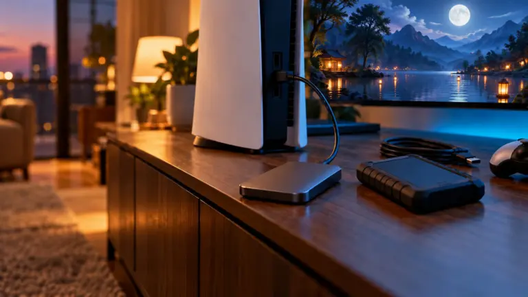 Small portable SSD connected by cable to a white game console on a wooden TV unit at dusk