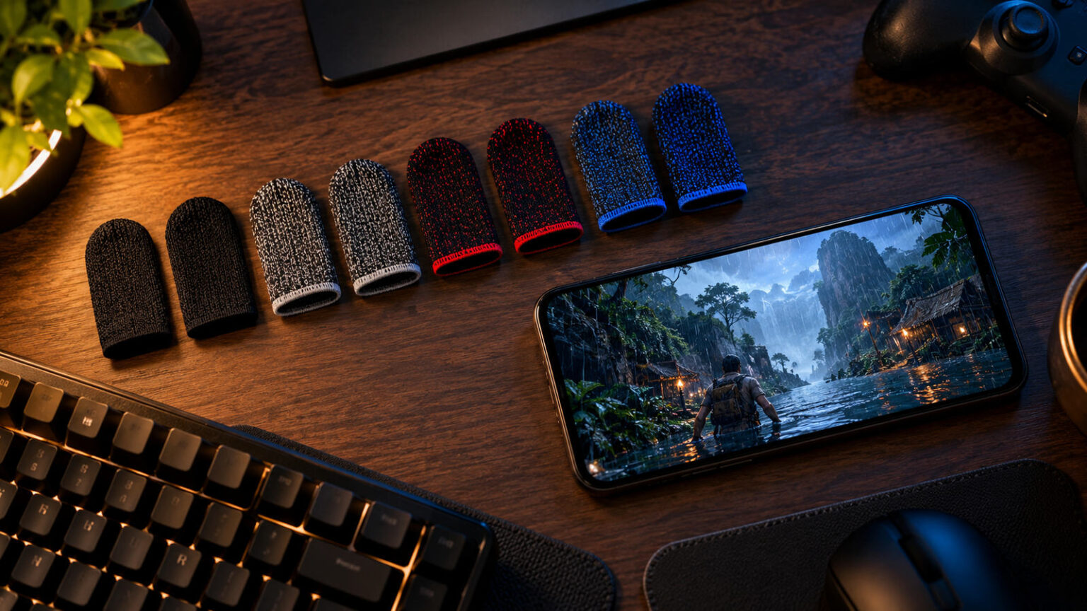 Best Finger Sleeves for BGMI India 2026: Sweat Proof Picks 16 Row of knitted gaming finger sleeves in four colours beside a phone on a wooden desk at night