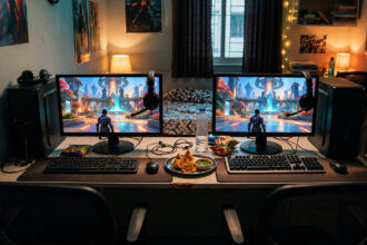 Two budget PC setups side by side showing a colourful sci fi arena game, headsets with mics, in a shared room