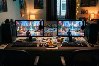 Two budget PC setups side by side showing a colourful sci fi arena game, headsets with mics, in a shared room